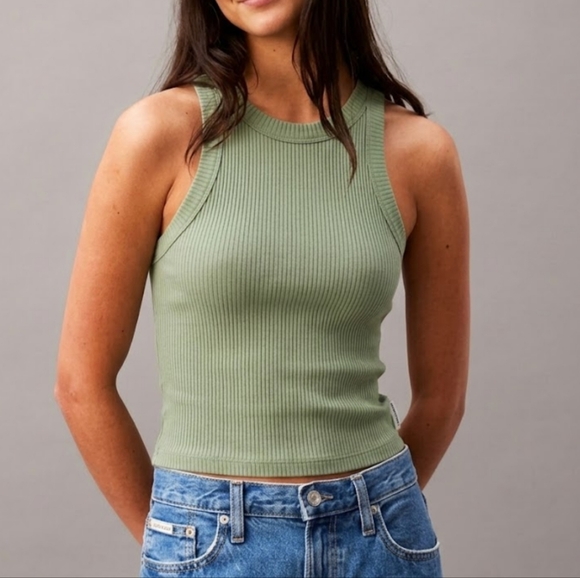 Calvin Klein Tops - Calvin Klein Woven Label Racerback Rib Tank Top in Green Haze Size X Small